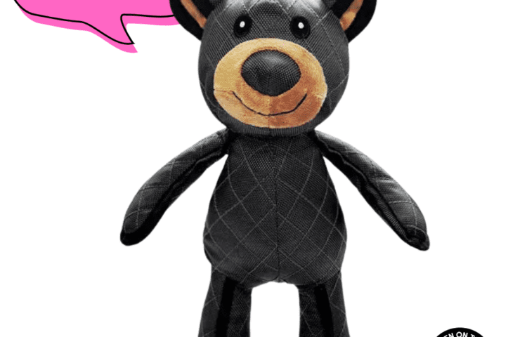 A durable canvas bear-shaped dog toy designed for aggressive chewers, featuring reinforced stitching and a built-in squeaker.