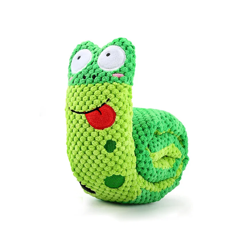 A green and yellow foldable snail plush toy for dogs, featuring hidden compartments and a squeaker for interactive play.