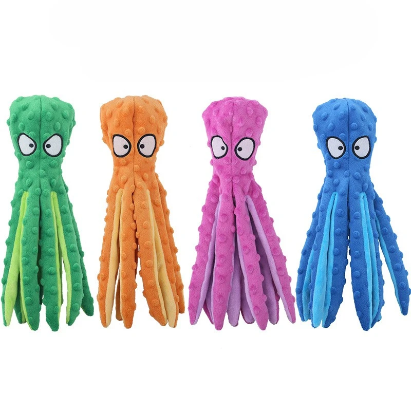 A bright-coloured plush octopus squeaky dog toy with embroidered details, perfect for interactive play and chewing.