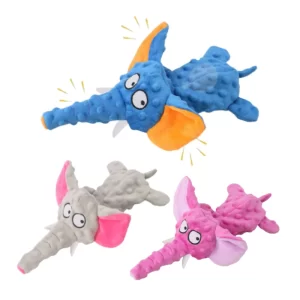 A plush elephant squeaky dog toy in grey, perfect for interactive play and chewing, designed for puppies of all ages.