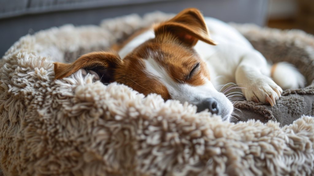 Dog relaxing in a calming donut dog bed.